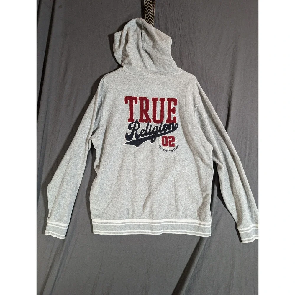 True Religion‎ Collegiate Pullover Hoodie Mens 2XL 1TG Grey Embroidered Logo